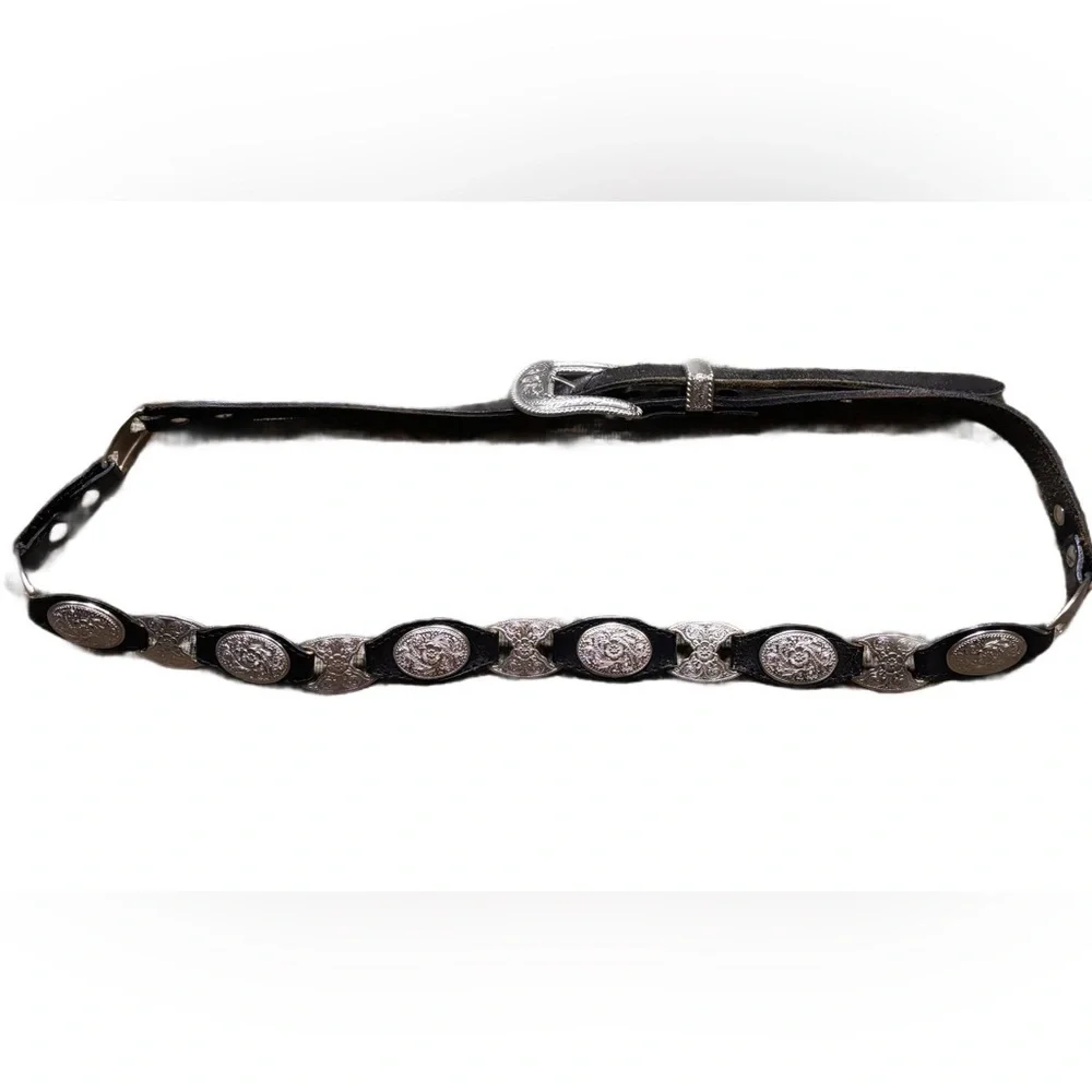 Justin Vintage Black Leather Belt with Silver Buckle and Conchos ladies size XL